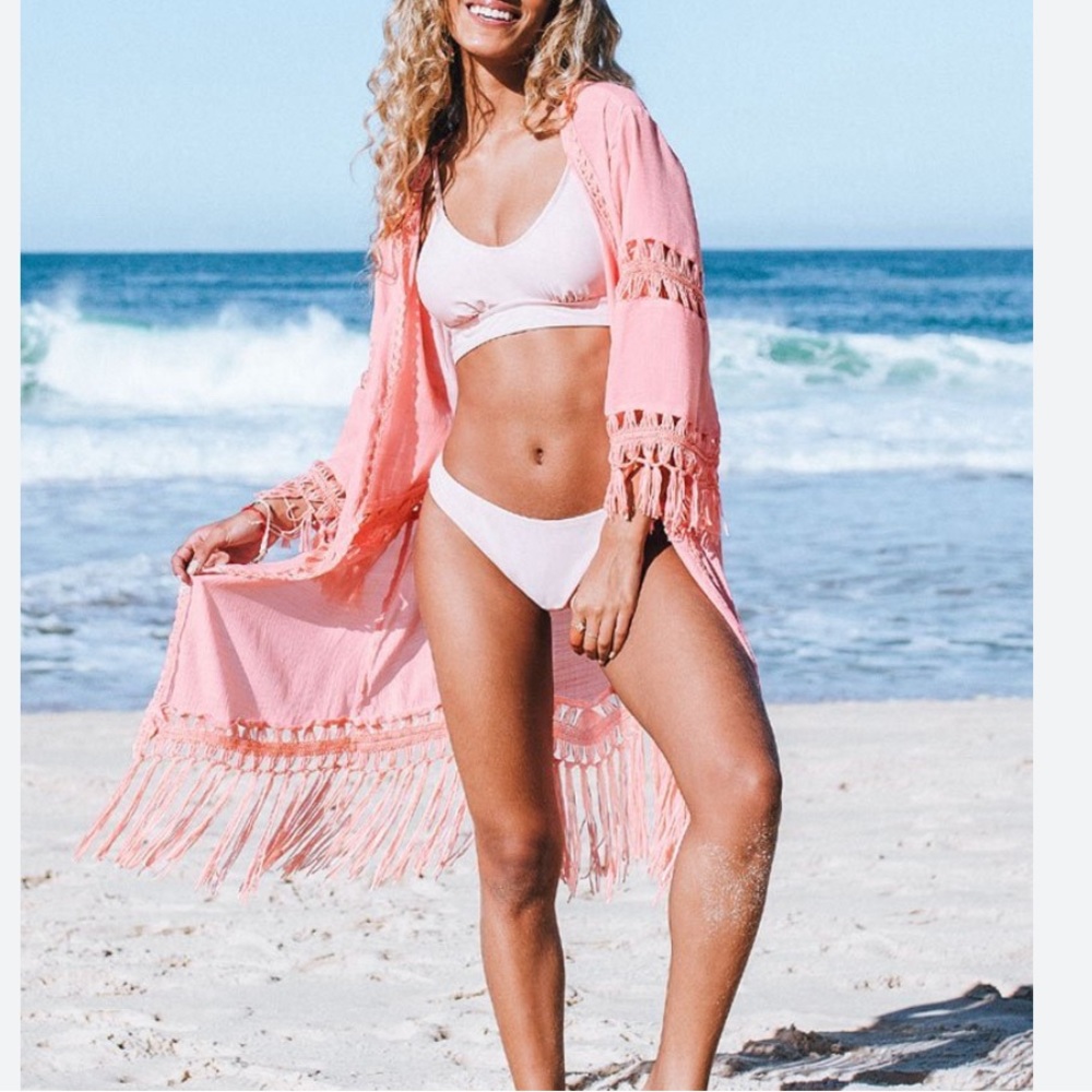 Cupshe Marlee Pink Tassel Crochet Kimono Cover Up